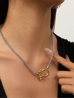 Two-Tone Silver Chain Necklace with Gold Shackle Pendant